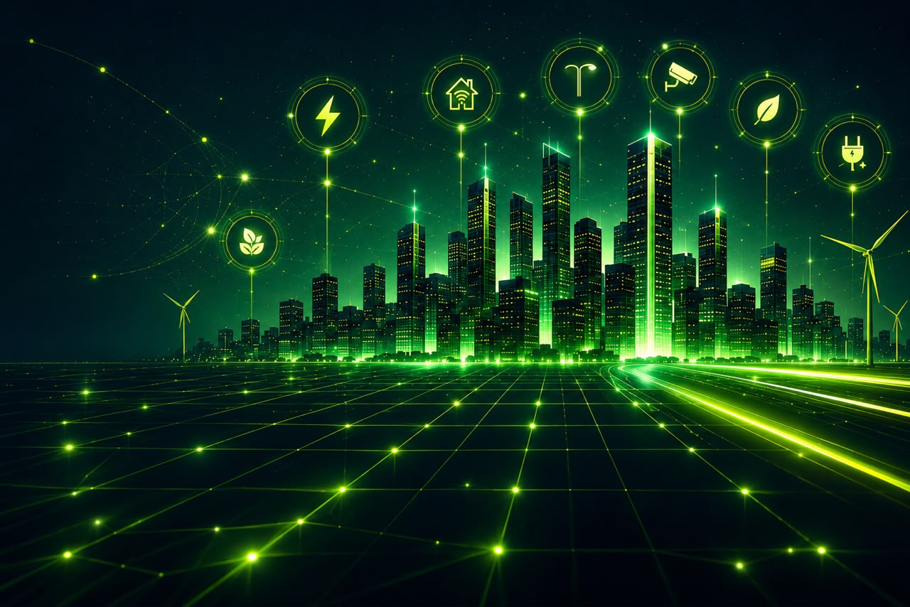 Ville intelligente connectée illuminée en vert